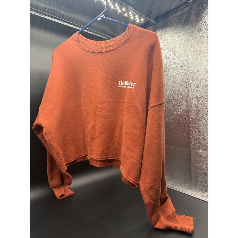 Hollister‎ Womens Small Rust Orange Cropped Logo Sweatshirt Raw Hem Pullover
